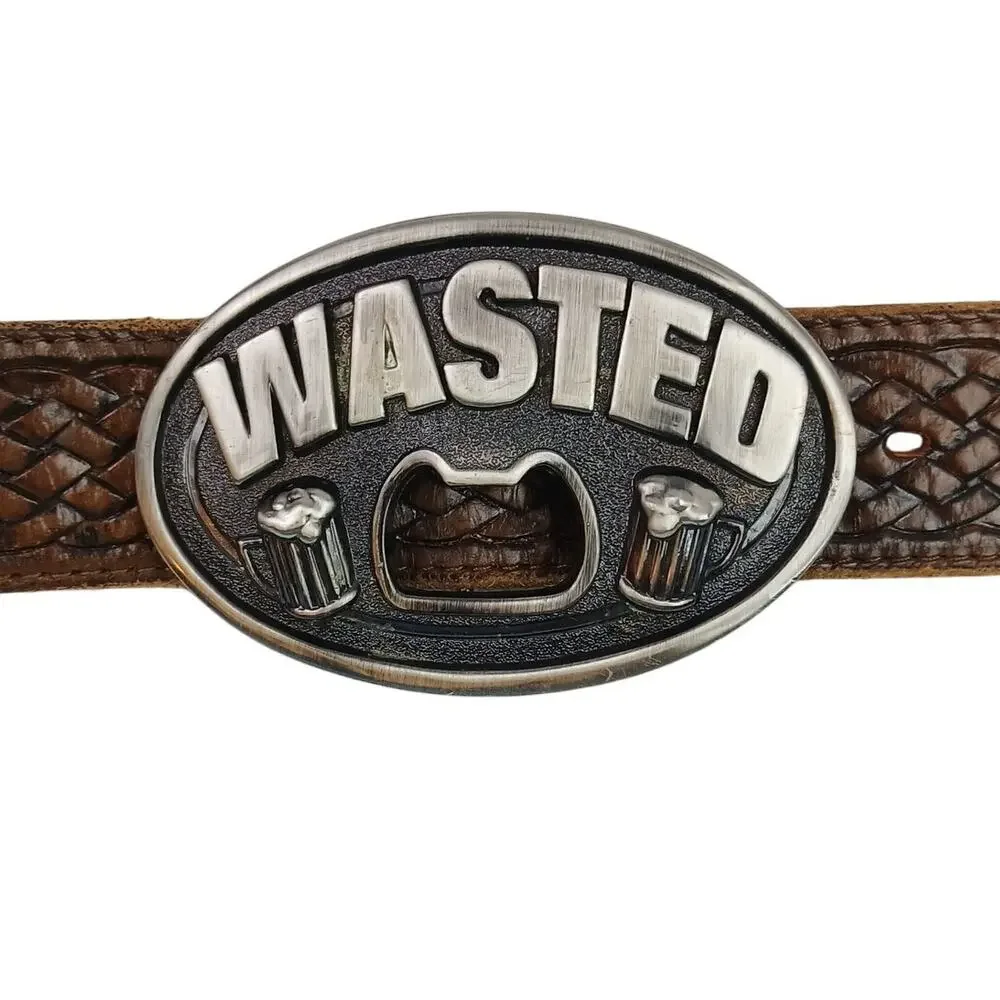 Kalan WASTED Silver Belt Buckle With Built In Bottle Opener Foaming Beer Mugs